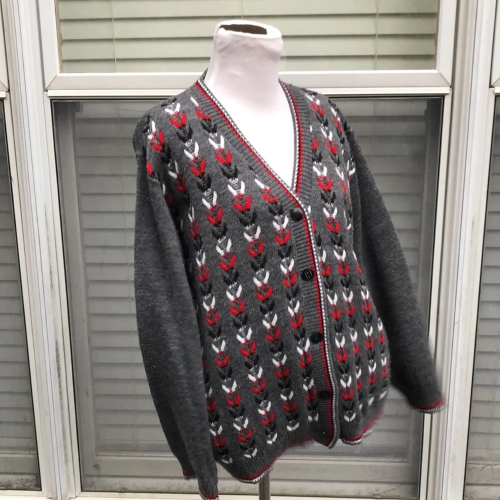 Amana Colonies Gray Red Black Grandma Chic Button Front Sweater size L/XL